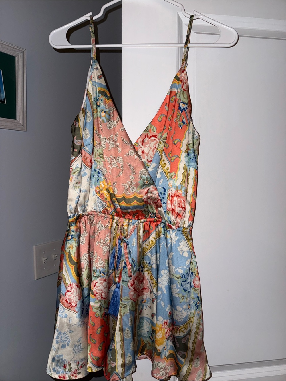 Dress Forum Floral Patchwork romper in Coral, Blue & Cream
